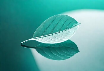 Wall Mural - White transparent leaf on mirror surface with reflection on turquoise background macro. Artistic image of ship in water of lake. Dreamy image nature, free space.AI generated
