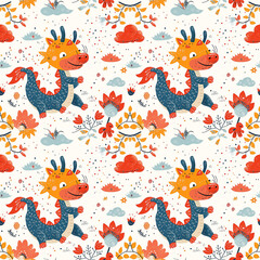 Wall Mural - Seamless Childish Pattern Background with Chinese Dragon