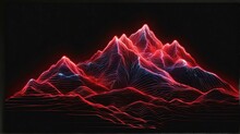 Mountain Landscape Made Of Zigzag Rays Mesh Of Thick Red Glowing Neon Lights On Plain Black Background From Generative AI