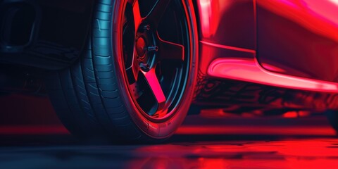 Poster - Close up view of a red car tire on a shiny reflective surface. Suitable for automotive industry-related projects