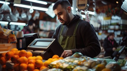 Poster - A man standing at a cash register in a store. Suitable for retail, shopping, and customer service themes