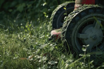 Poster - A lawn mower sitting in the grass, ready for use. Perfect for landscaping or gardening projects