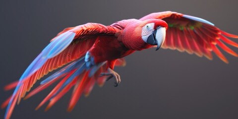 Poster - A vibrant red and blue parrot soaring through the air. Perfect for adding a burst of color and energy to any project