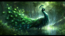 Elegant Peacock In A Sequined Gown, Wearing A Crown Of Emeralds, Amidst A Lush Garden Backdrop, Illuminated By Soft Moonlight, Emanating Grace And Allure