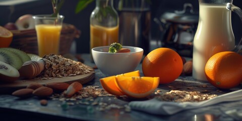 Poster - A table set for breakfast with a pitcher of milk, oranges, nuts, and a bowl of oatmeal. Perfect for food and nutrition-related projects