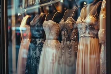 Aufkleber - A view of dresses showcased in a store window. Perfect for fashion enthusiasts and retailers