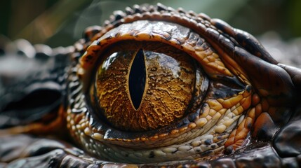 Poster - A detailed close-up view of a crocodile's eye. This image can be used to depict the intense gaze and unique features of these reptiles