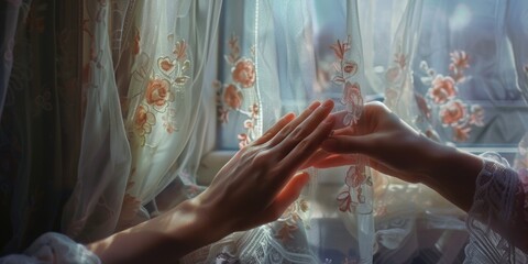 Aufkleber - Two hands are touching each other in front of a window. This image can be used to depict love, connection, support, or unity in various contexts