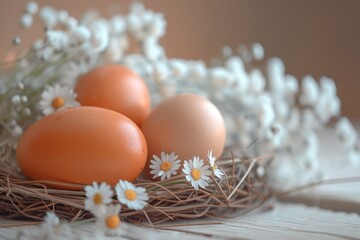 Poster - Three eggs in a nest surrounded by flowers on a table. Perfect for Easter decorations or spring-themed designs