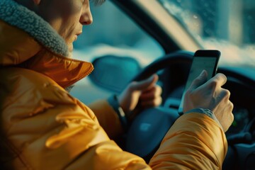 Poster - A person inside a car using a cell phone. This image can be used to depict distracted driving or communication on the go