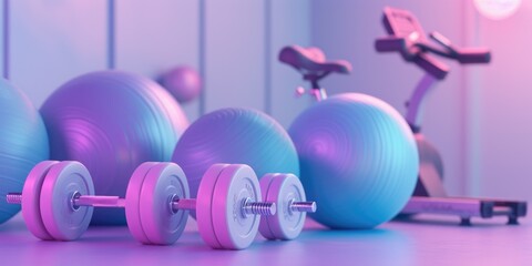 Poster - A row of exercise balls and a pair of dumbbells. Perfect for fitness and workout concepts