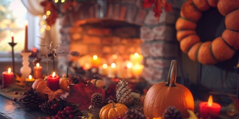 Poster - A table adorned with candles and pumpkins, perfect for adding a cozy and festive touch to any autumn or Halloween-themed event