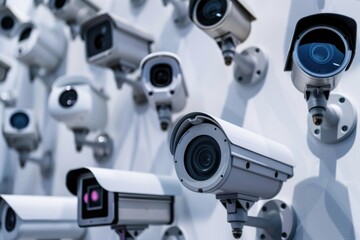 Poster - A collection of surveillance cameras securely attached to a wall. This image can be used to illustrate security systems, monitoring, or surveillance concepts