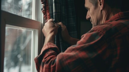 Aufkleber - A man standing by a window, observing the snowfall outside. Perfect for winter-themed projects or capturing the beauty of a snowy day