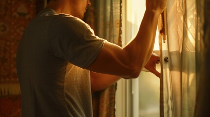 Poster - A man standing in front of a window with a curtain. Suitable for various uses