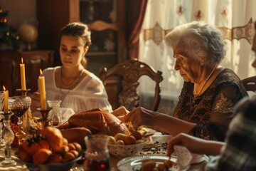 Poster - A group of people sitting around a dinner table, enjoying a meal together. Perfect for illustrating family gatherings, celebrations, or social events