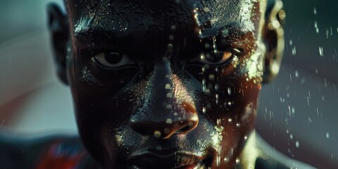 Poster - Close up of a man's face in the rain. Suitable for various concepts and themes