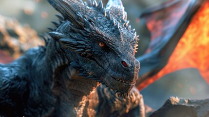 Poster - A close-up view of a dragon with a fiery background. This image can be used to depict fantasy, mythology, or power