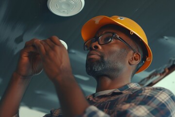 Poster - A man wearing a hard hat holds a remote control. This image can be used to depict concepts related to construction, technology, or remote control devices