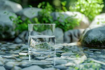 Poster - A glass of water sitting on top of a river bed. Suitable for nature, environment, and refreshment concepts