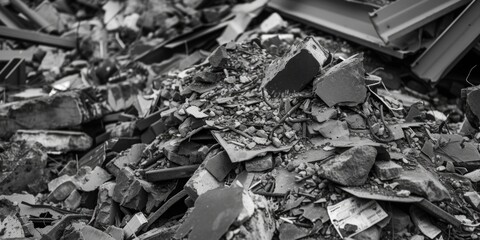 Poster - A black and white photo of a pile of rubble. Suitable for illustrating destruction, demolition, urban decay, or construction themes