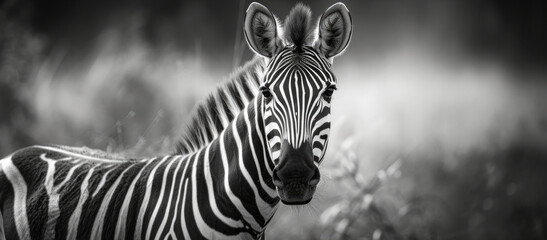 Poster - A black and white photo of a zebra. Suitable for various uses