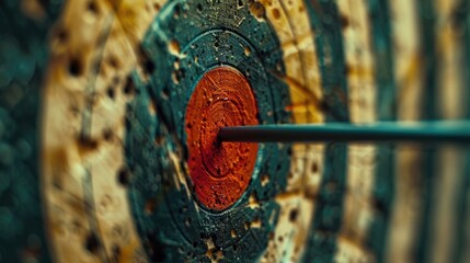 Poster - A close-up view of a target with an arrow in the center. This image can be used to represent precision, accuracy, and hitting the mark