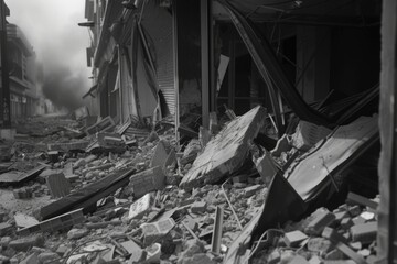 Aufkleber - A black and white photo capturing the image of a destroyed building. Suitable for illustrating the concept of devastation and urban decay.