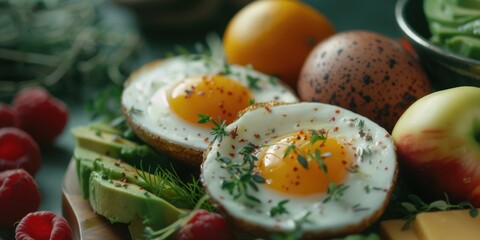 Poster - A delicious and healthy plate of food featuring eggs, avocado, and fresh fruit. This image can be used to promote a balanced diet and a healthy lifestyle