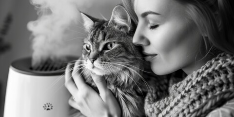 Aufkleber - A woman holding a cat next to a cup of coffee. Perfect for cozy home scenes or pet lovers