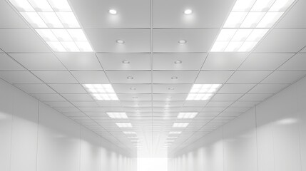 Poster - A long hallway with white walls and ceiling lights. Perfect for adding depth and perspective to your design projects
