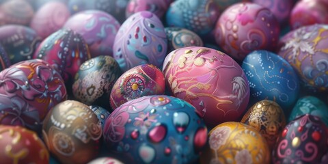 Aufkleber - A pile of colorful painted eggs stacked on top of each other. Perfect for Easter decorations or festive celebrations