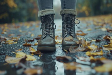 Poster - A person standing in the middle of a leaf covered road. Suitable for nature and autumn-themed designs