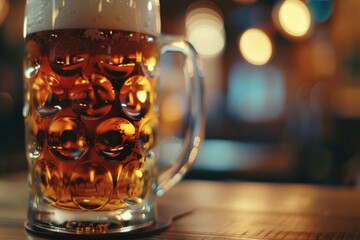 Poster - A glass of beer sitting on top of a wooden table. Suitable for bars, pubs, and beer-related designs