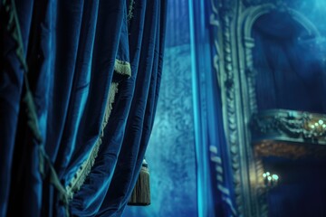 Poster - A picture of a blue curtain with tassels hanging from it. Suitable for home decor or interior design projects