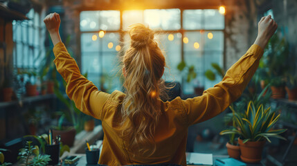 A businesswoman celebrating success while standing at her workstation.