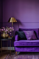 Poster - A picture of a purple couch in a room with matching purple walls. This image can be used to showcase interior design ideas or to add a pop of color to any space