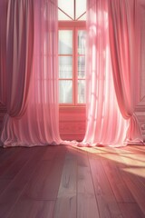 Poster - A room with a window and a pink curtain. Perfect for home decor or real estate websites