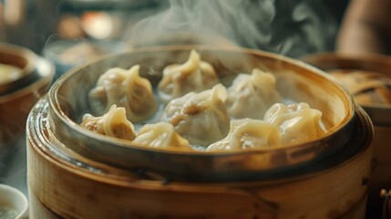 Poster - A wooden container filled with dumplings sitting on top of a table. Perfect for food-related projects and culinary themes