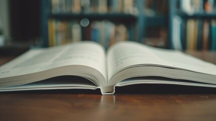 Poster - An open book placed on a wooden table. Perfect for educational or storytelling purposes