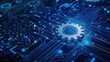 © buraratn - Cyber security, Vector illustration white gear and tree cog wheel on circuit board, Hi-tech digital technology and engineering on blue color background