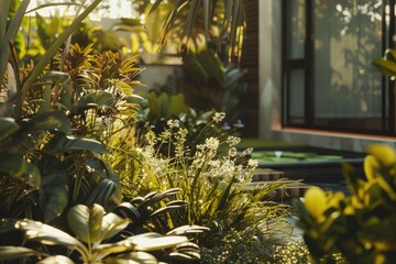 Poster - A garden filled with lush plants and a prominent building in the background. Suitable for various uses