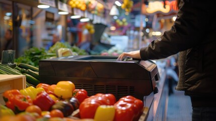 Aufkleber - A person standing in front of a display of fresh vegetables. This image can be used to showcase healthy eating, grocery shopping, or farm-to-table concepts