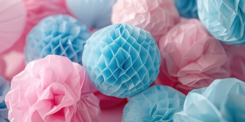 Poster - A close-up view of a bunch of tissue pom poms. This image can be used to add a festive touch to any celebration or event