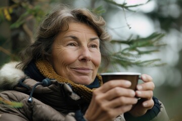 Poster - A woman holding a cup of coffee. Perfect for coffee lovers or cozy lifestyle themes