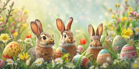 Poster - A group of rabbits sitting in a field of flowers. Perfect for nature and animal-themed designs