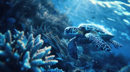 Wall Mural - Underwater wildlife with animals, Divers adventures in Maldives. Sea turtle floating over beautiful natural ocean background. Coral reef lit with sunlight trough water surface.