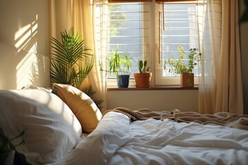 Poster - A simple and cozy bedroom with a comfortable bed and a window. Perfect for illustrating home interiors or concepts of relaxation and comfort