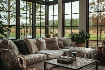 Poster - A bright and airy living room filled with stylish furniture and large windows, allowing an abundance of natural light to fill the space. Perfect for showcasing a modern and inviting home interior.