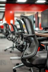 Poster - A row of office chairs in a modern office setting. Suitable for illustrating teamwork, productivity, or office environment concepts